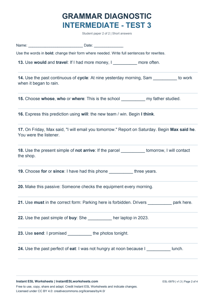 Page 2 of Grammar Diagnostic - Intermediate Test 3