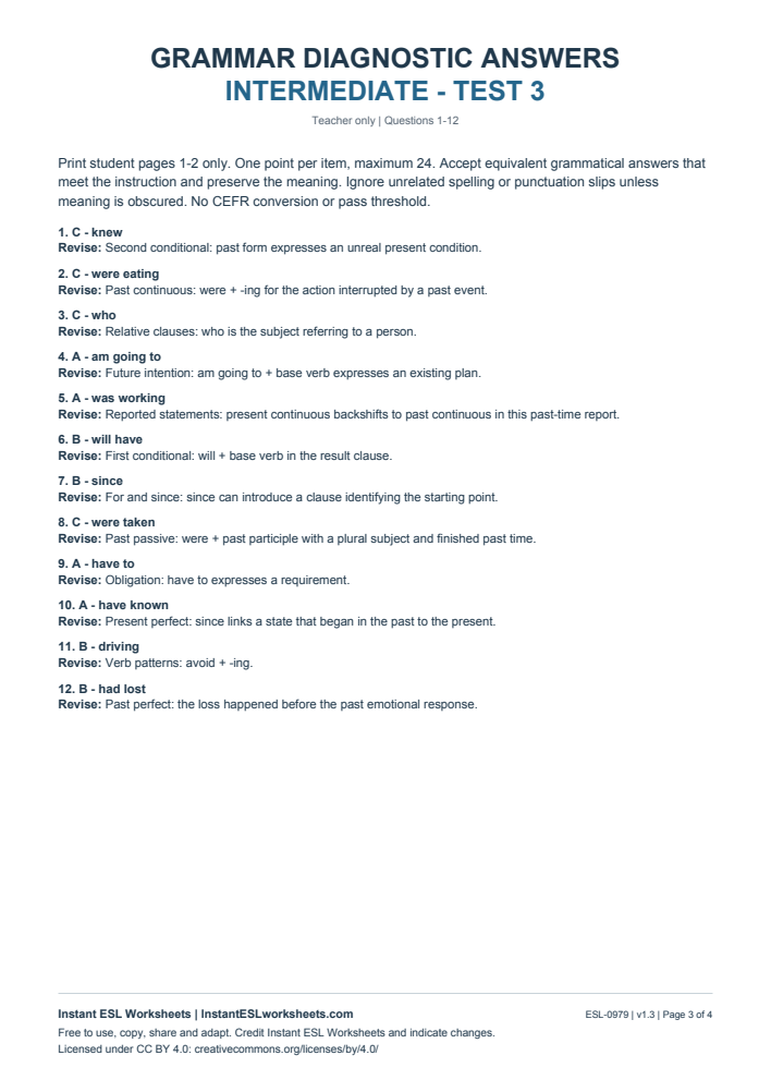 Page 3 of Grammar Diagnostic - Intermediate Test 3 - answer key