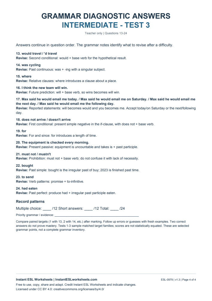 Page 4 of Grammar Diagnostic - Intermediate Test 3 - answer key