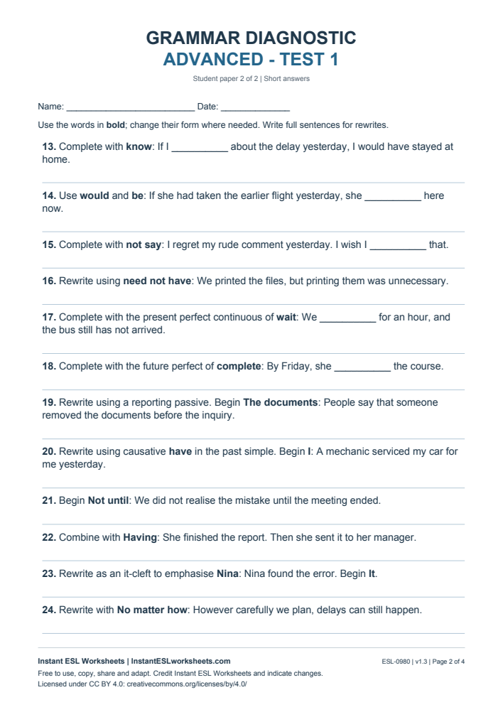 Page 2 of Grammar Diagnostic - Advanced Test 1