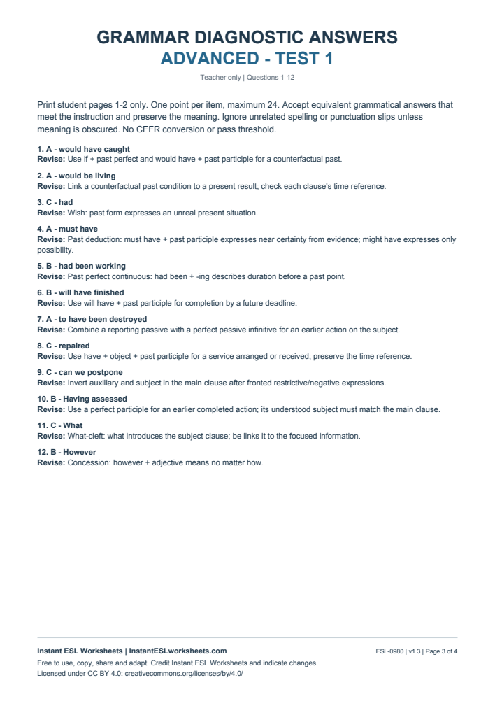 Page 3 of Grammar Diagnostic - Advanced Test 1 - answer key