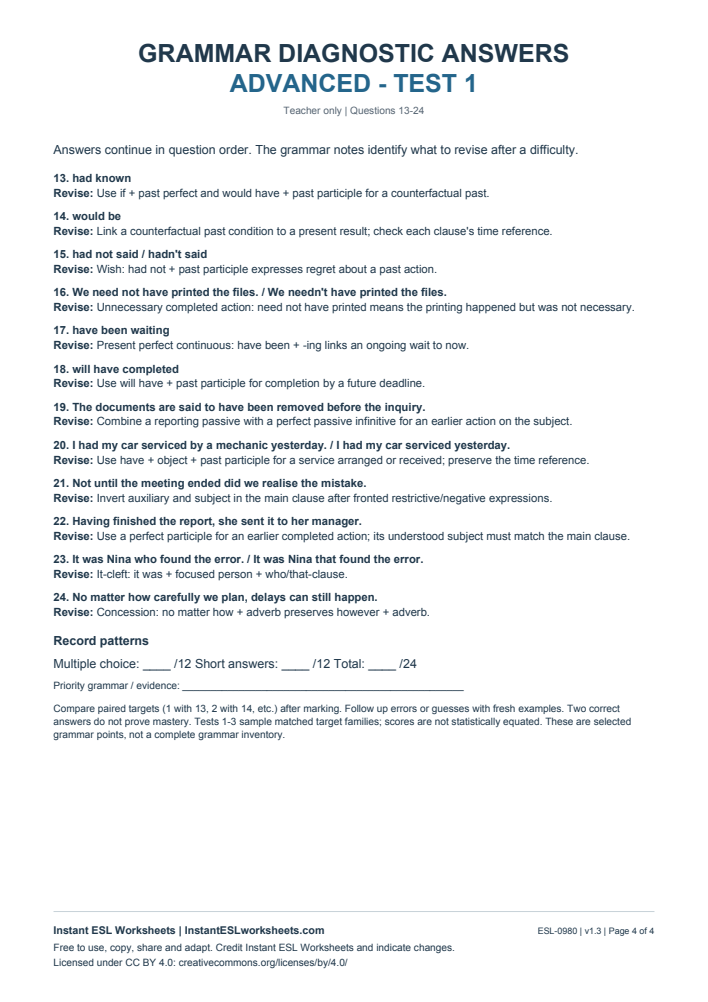 Page 4 of Grammar Diagnostic - Advanced Test 1 - answer key