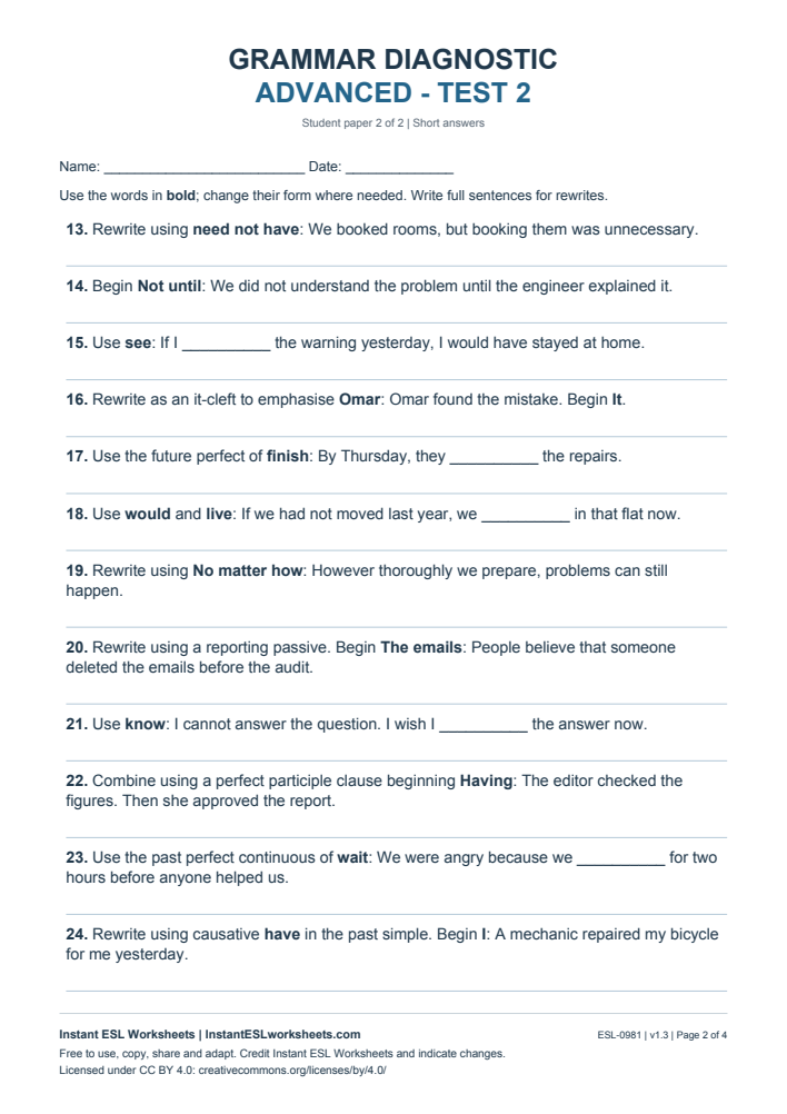 Page 2 of Grammar Diagnostic - Advanced Test 2