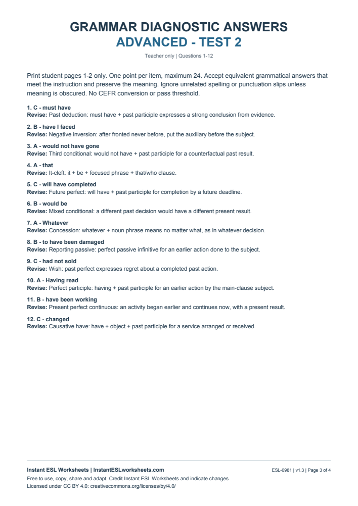 Page 3 of Grammar Diagnostic - Advanced Test 2 - answer key