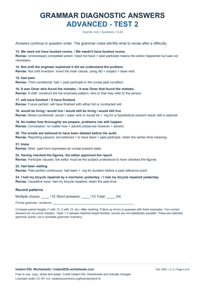 Page 4 of Grammar Diagnostic - Advanced Test 2 - answer key