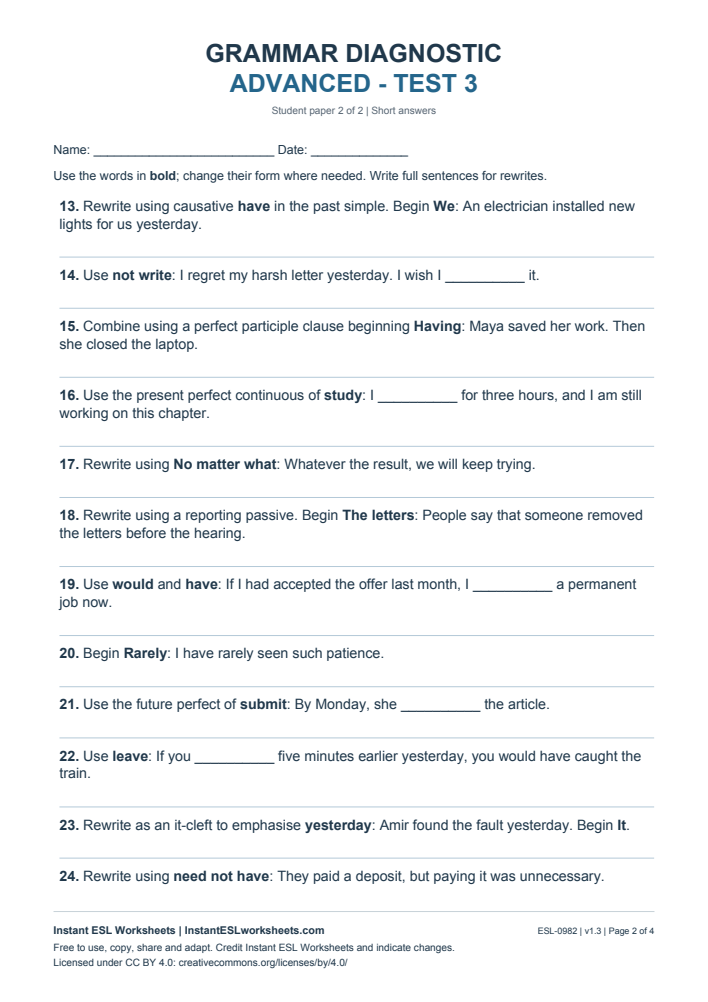Page 2 of Grammar Diagnostic - Advanced Test 3