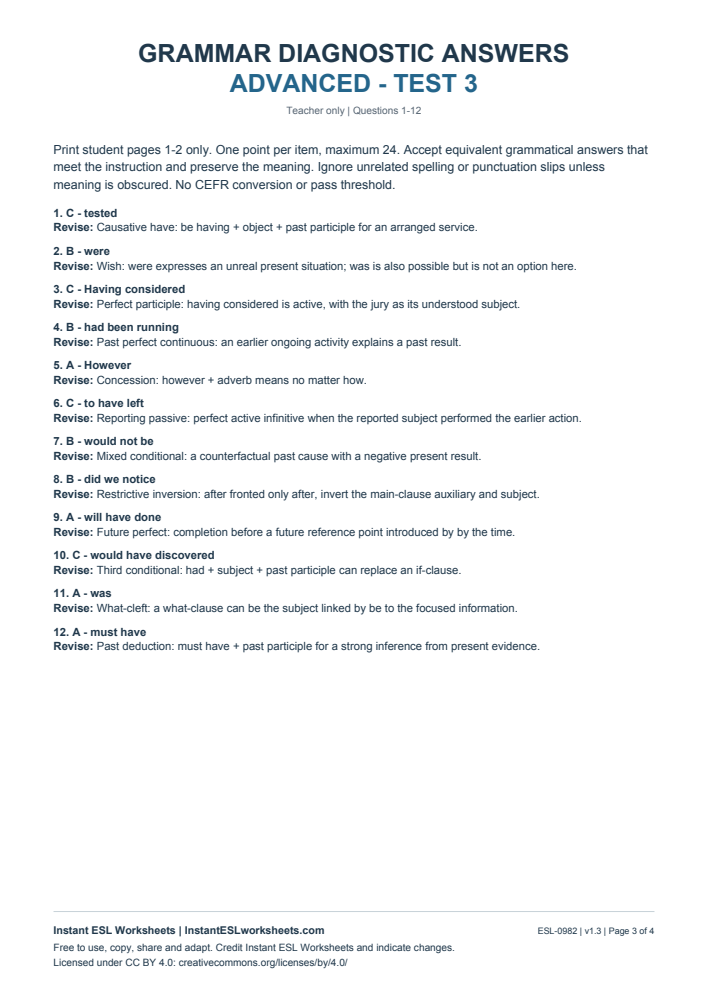 Page 3 of Grammar Diagnostic - Advanced Test 3 - answer key