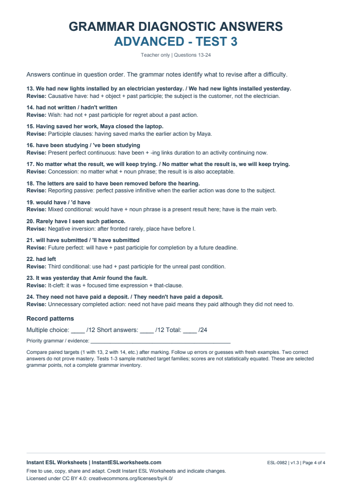 Page 4 of Grammar Diagnostic - Advanced Test 3 - answer key
