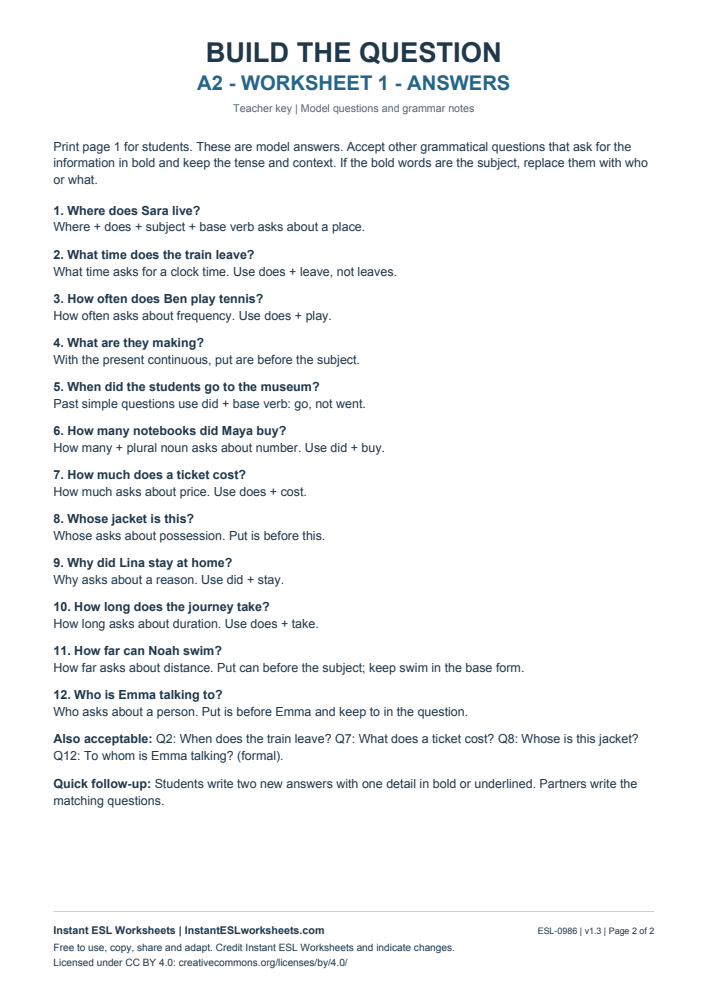 Page 2 of Build the Question - Worksheet 1 - answer key