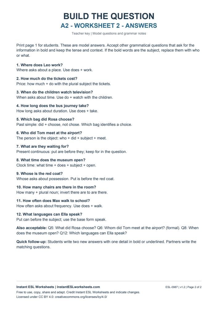 Page 2 of Build the Question - Worksheet 2 - answer key