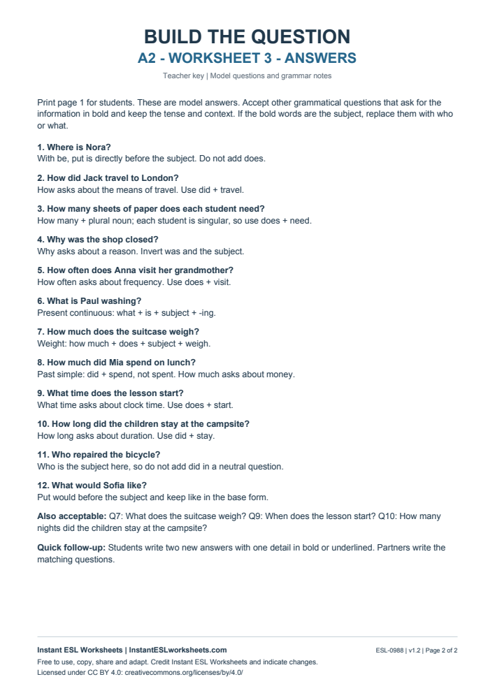 Page 2 of Build the Question - Worksheet 3 - answer key