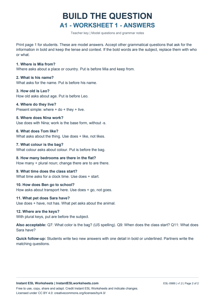 Page 2 of Build the Question - Worksheet 1 - answer key