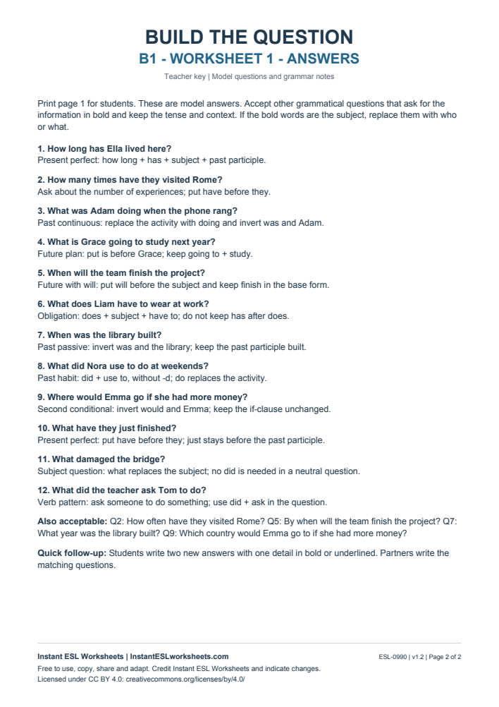 Page 2 of Build the Question - Worksheet 1 - answer key
