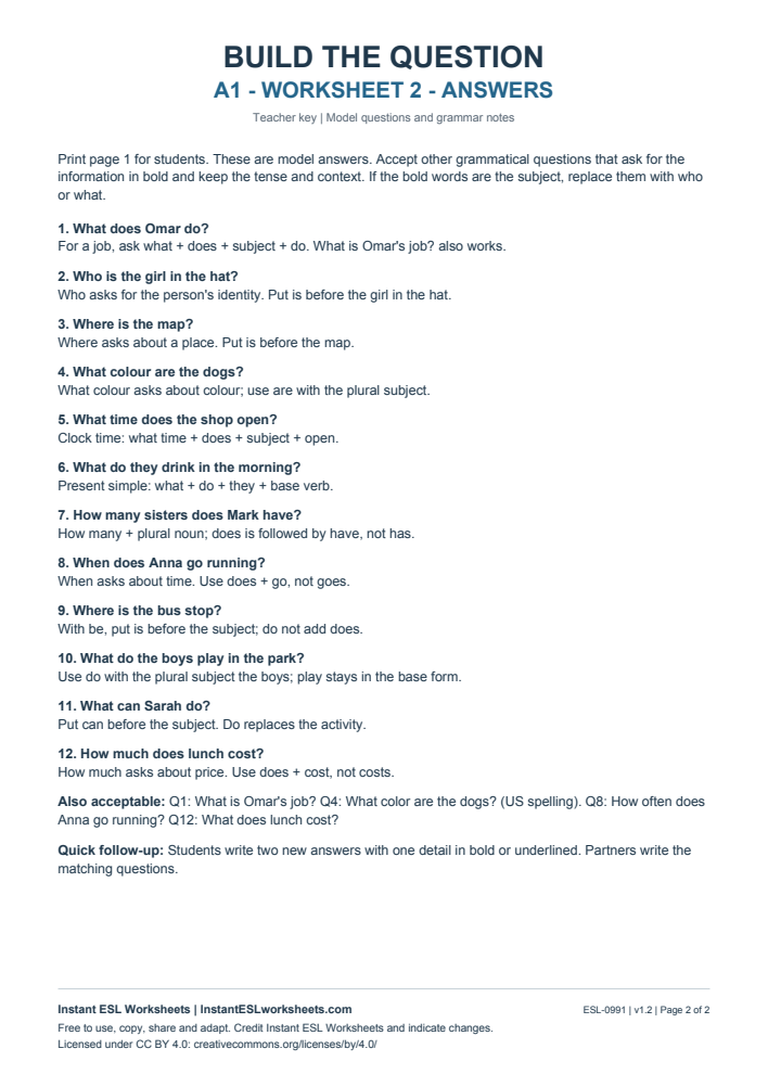 Page 2 of Build the Question - Worksheet 2 - answer key