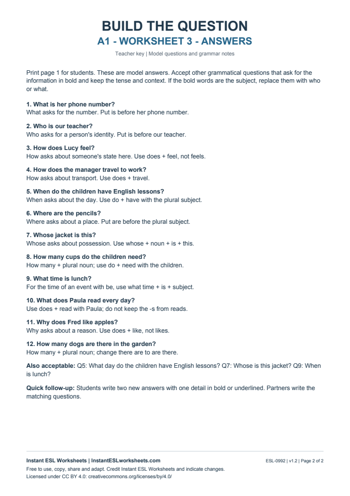 Page 2 of Build the Question - Worksheet 3 - answer key