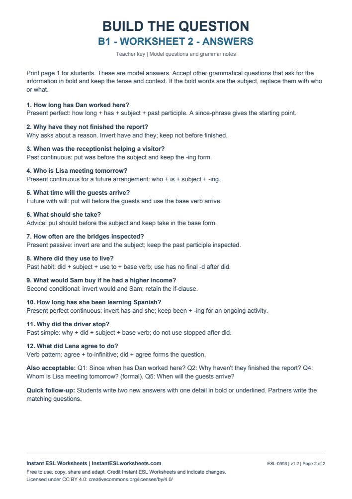 Page 2 of Build the Question - Worksheet 2 - answer key