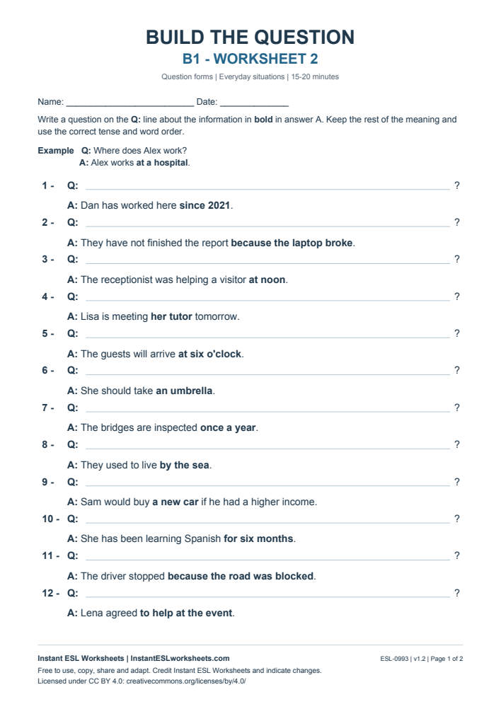 Page 1 of Build the Question - Worksheet 2