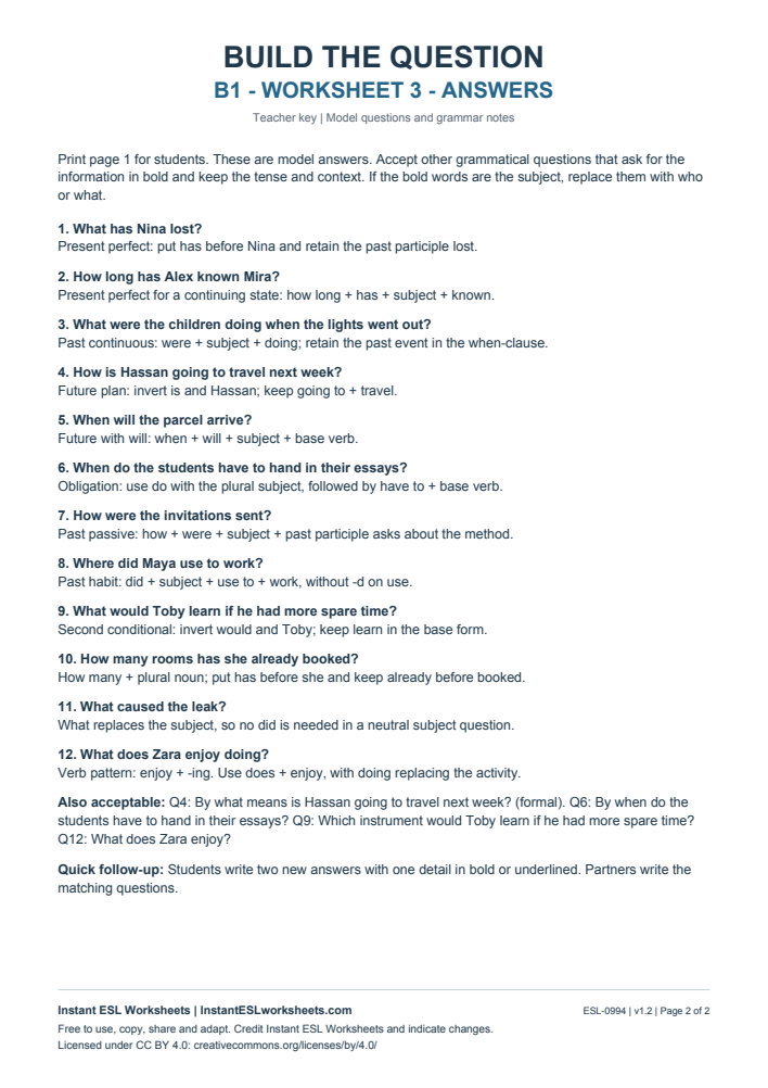 Page 2 of Build the Question - Worksheet 3 - answer key