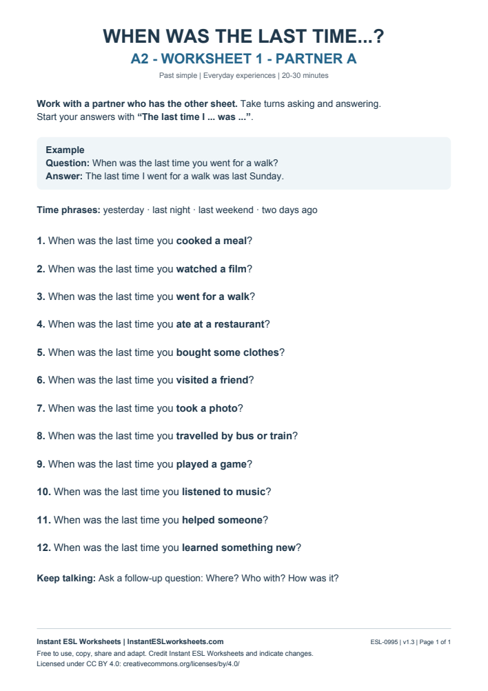 Page 1 of When Was the Last Time...? - Partner A
