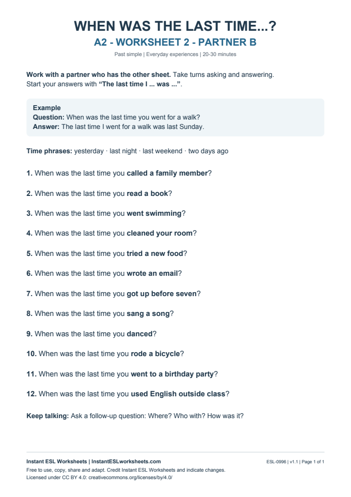 Page 1 of When Was the Last Time...? - Partner B