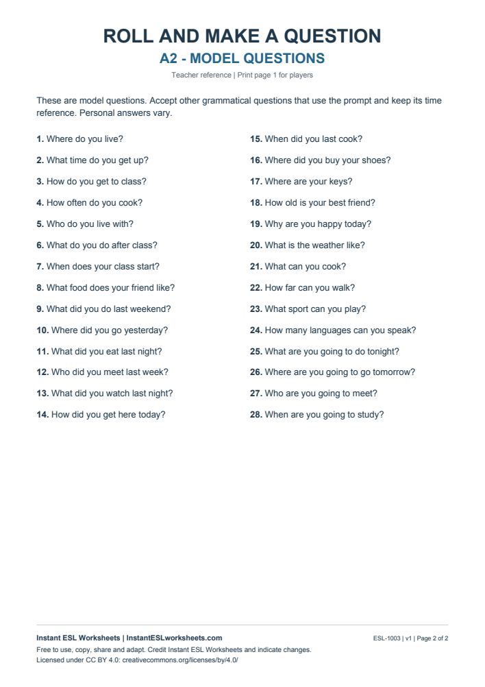 Page 2 of Roll and Make a Question - Guided Forms - answer key