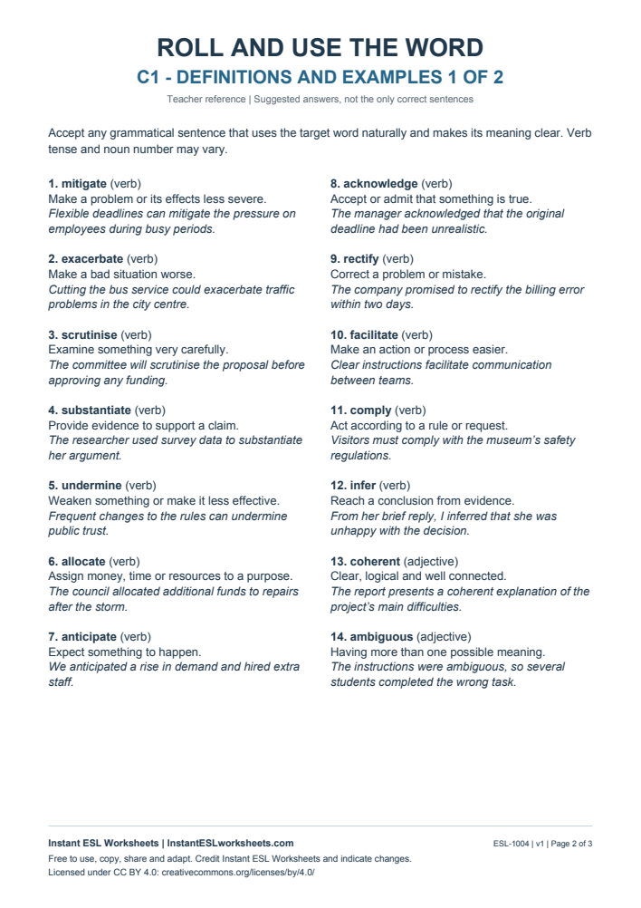 Page 2 of Roll and Use the Word - Vocabulary in Context - answer key