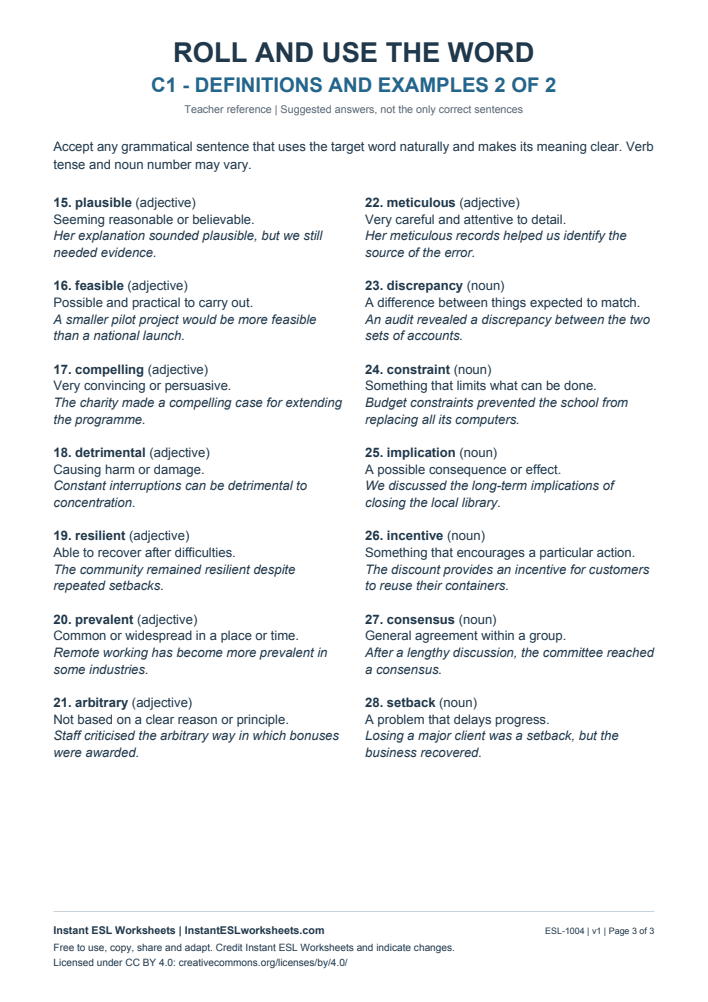 Page 3 of Roll and Use the Word - Vocabulary in Context - answer key