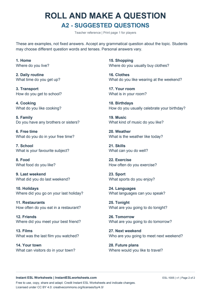 Page 2 of Roll and Make a Question - Topics - answer key