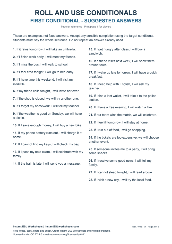 Page 2 of Roll and Use Conditionals - First Conditional - answer key