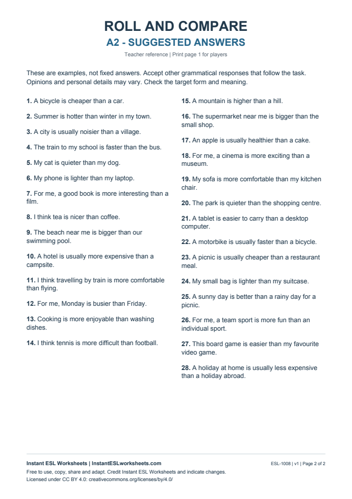 Page 2 of Roll and Compare Two Things - answer key