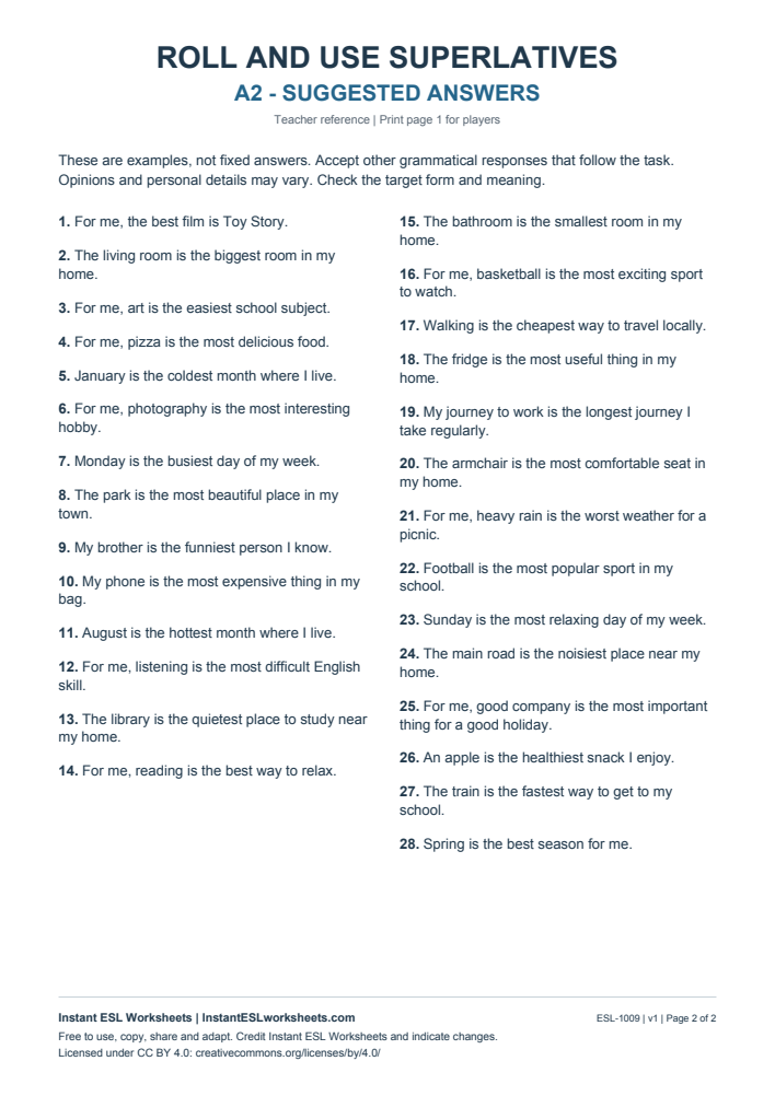 Page 2 of Roll and Use Superlatives - answer key