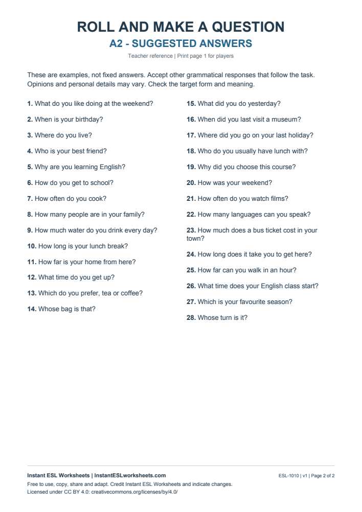 Page 2 of Roll and Make a Question - Question Words - answer key